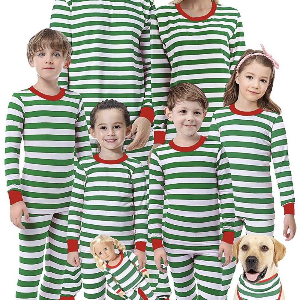 HOLIDAY THEMED CHILD AND DOLL MATCHING STRIPED PAJAMA SET